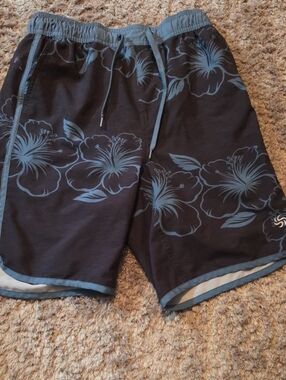 Men's Black Athletic Swim Shorts with Blue Floral Print
